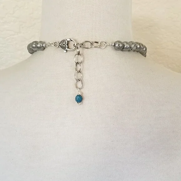 Southwestern Teal Blue Jasper & Silver Druzy Statement Pendant Necklace